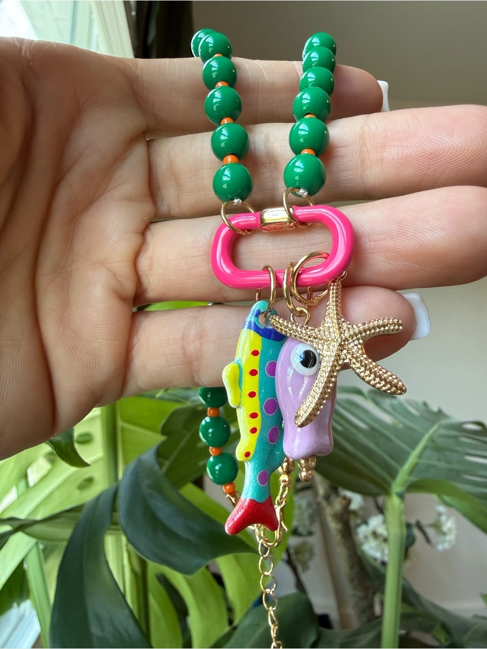 Coastal Fish Charm Necklace Green Beaded Beach Jewelry - Picture 5 of 5